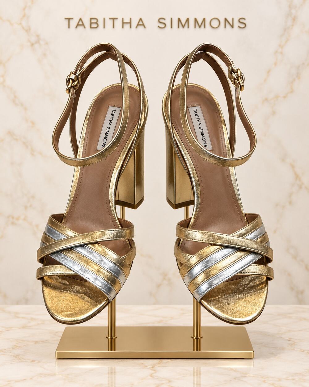 Tabitha Simmons Metallic Gold Silver Leather Block Heel Sandals EU 39.5 US 9.5